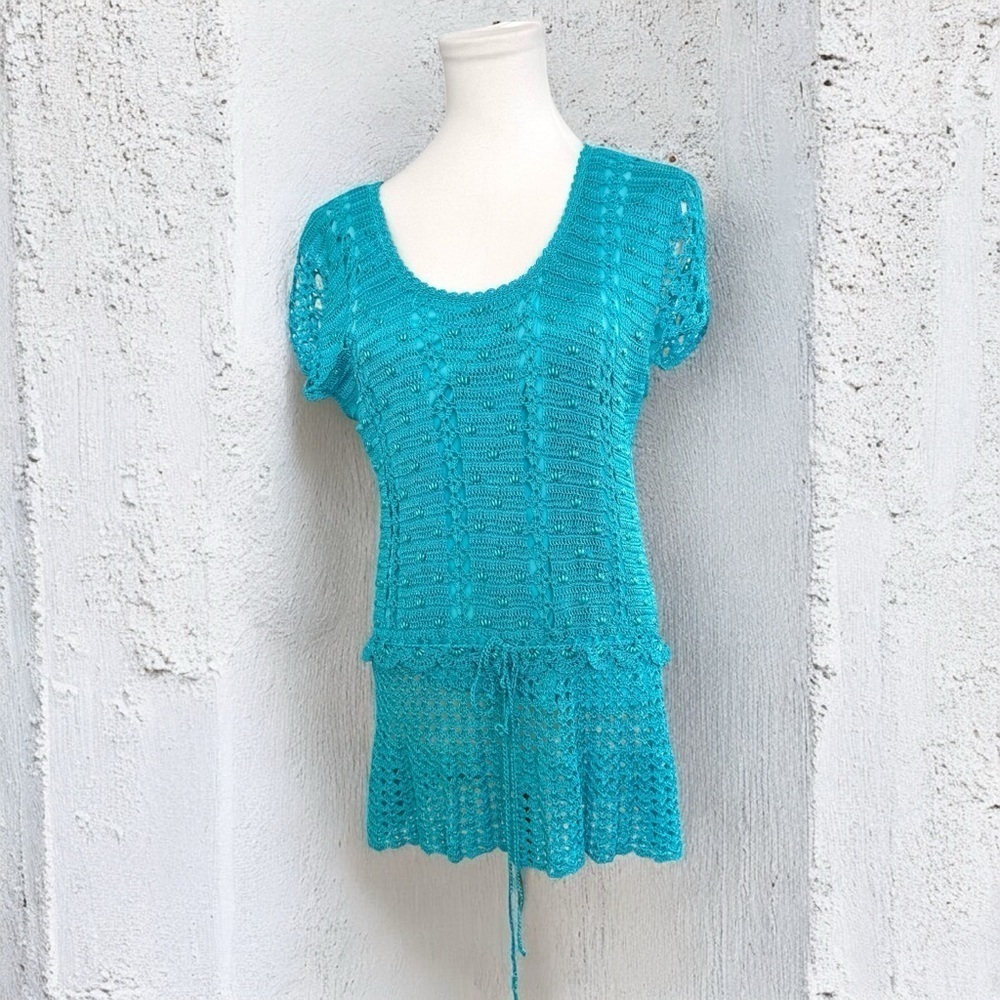 Vintage Fairycore Teal Crochet Swim Cover-Up knit mermaidcore XL